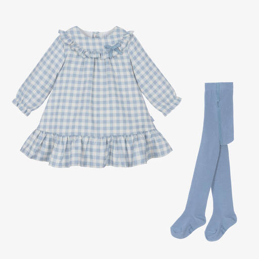 Tutto Piccolo-Girls Blue Cotton Gingham Dress Set | Childrensalon